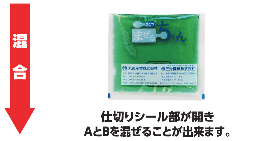 仕切りシール部が開きAとBを混ぜることが出来ます。